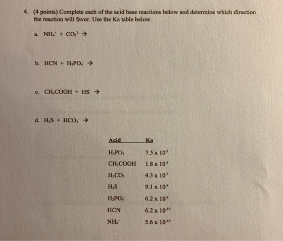 4. (4 points) Complete each of the acid base reactions below and determine which direction the reaction will favor. Use the K