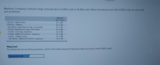 Martinez Companys relevant range of production is 9,400 units to 14,400 units. When it produces and sells 11 900 units, its