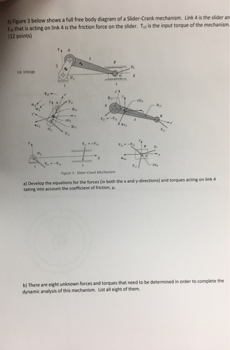 Figure 3 below shows a full free body diagram of a Slider-Crank mechanism. Link 4 is the slider an F that is acting on link 4 is the friction force on the slider. Tz is the input torque of the mechanism. (12 points) CG, o, 01 Figure 3-Slider-Crank Mechanism a) Develop the equations for the forces (in both the x and y-directions) and torques acting on link 4 taking into account the coefficient of friction, μ b) There are eight unknown forces and torques that need to be determined in order to complete the dynamic analysis of this mechanism. List all eight of them.
