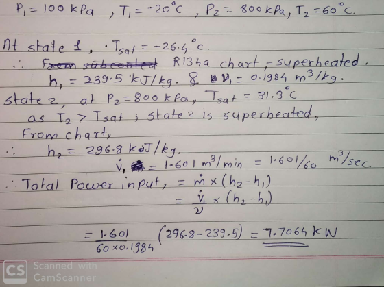 P,= 100 kPa T, = -20°c, Pze 800 kPa, Tg = 60°C. At state I, Tsat = -26.4 c. : From sübrooted R134a chart - super heated. h =
