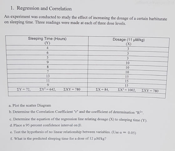 1. Regression and Correlation An experiment was conducted to study the effect of increasing the dosage of a on sleeping time. Three readings were made at each of three dose levels certain barbiturate Sleeping Time (Hours) Dosage (11 μM/kg) 4 10 10 9 15 15 15 13 9 ΣΥ-642, ΣXY = 780 2X 84, ΣΧ2 1002, ΣΧΥ 780 ΣΥ-72, a. Plot the scatter Diagram b. Determine the Correlation Coefficient r and the coefficient of determination R2n c. Determine the equation of the regression line relating dosage (X) to sleeping time (Y) d. Place a 95 percent confidence interval on β1 e. Test the hypothesis of no linear relationship between variables. (Use α-- 0.05) f. What is the predicted sleeping time for a dose of 12 μM/kg?