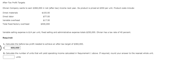 After-Tax Profit Targets Olivian Company wants to earn $360,000 in net (after-tax) income next year. Its product is priced at