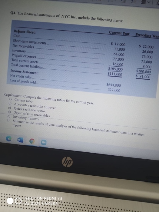 THE Q4. The financial statements of NYC Inc. include the following items: Bance Sheet: Current Year Cash..... Preceding Year