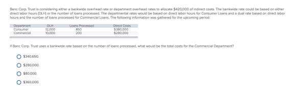 Banc Corp. Trust is considering either a bankwide overhead rate or department overhead rates to allocate $420,000 of indirect