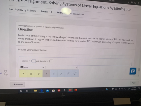 Assignment: Solving Systems of Linear Equations by Elimination OB Due Sunday by 11:59pm Points 10 Subm. an external tool Solv