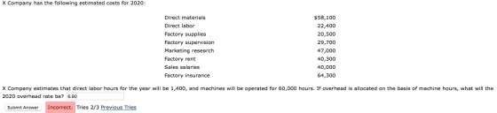X Company has the following estimated costs for 2020: Direct materials Direct labor Factory supplies Factory supervision Mark