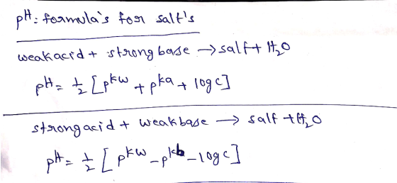 pH formulas for salts weak acid + strong base ->salft iho pH = Ź [pew tpka + loge] strongacid & weakbase salf to a pH = ₃ [