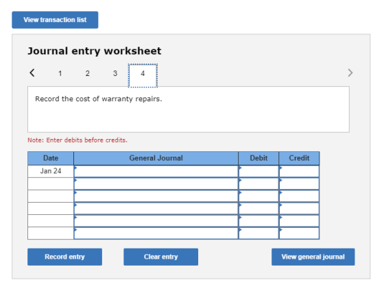 View transaction list Journal entry worksheet < 1 2 3 Record the cost of warranty repairs. Note: Enter debits before credits.