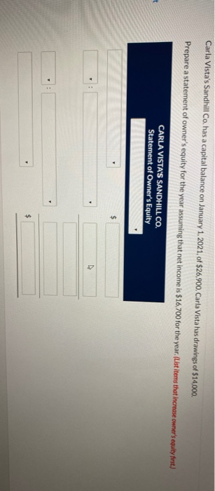 Carla Vistas Sandhill Co. has a capital balance on January 1, 2021, of $26,900. Carla Vista has drawings of $14,000. Prepare