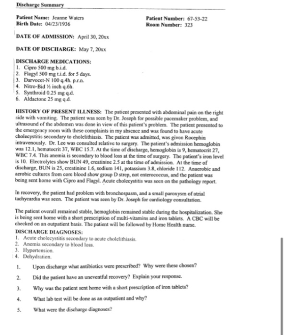 Discharge Summary Patient Name: Jeanne Waters Birth Date: 04/23/1936 Patient Number: 67-53-22 Room Number: 323 DATE OF ADMISS