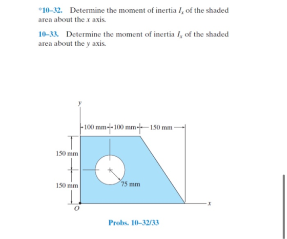 *10–32. Determine the moment of inertia I, of the shaded area about the x axis. 10–33. Determine the moment of inertia Ix of