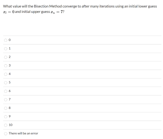 What value will the Bisection Method converge to after many iterations using an initial lower guess XL = 0 and initial upper