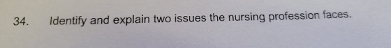 34. Identify and explain two issues the nursing profession faces.