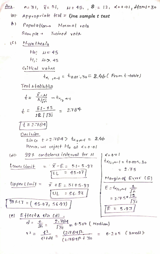 Ang. na 31, = 51, 4:45. , S = 12, 270.01, df=n=30 (ar: Appropriate test = One sample t test b) Penu Population Normal rats Sa