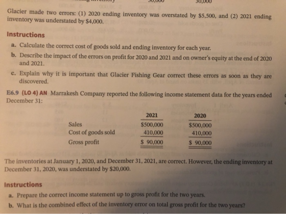 TULUI 30,000 30,000 Glacier made two errors: (1) 2020 ending inventory was overstated by $5,500, and (2) 2021 ending inventor