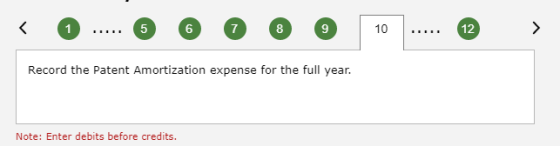Record the Patent Amortization expense for the full year. Note: Enter debits before credits.
