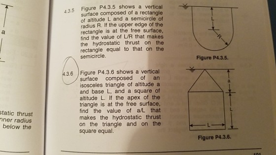 5 Figure P4.3.5 shows a vertical surface composed of a rectangle of altitude L and a semicircle of radius R. If the upper edge of the rectangle is at the free surface find the value of L/R that makes the hydrostatic thrust on the rectangle equal to that on the semicircle Figure P4.3.5. 3.6 Figure P4.3.6 shows a vertical surface composed of an isosceles triangle of altitude a and base L, and a square of altitude L. If the apex of the triangle is at the free surface, find the value of a/L that makes the hydrostatic thrust on the triangle and on the square equal. tatic thrust ner radius below the Figure P4.3.6.