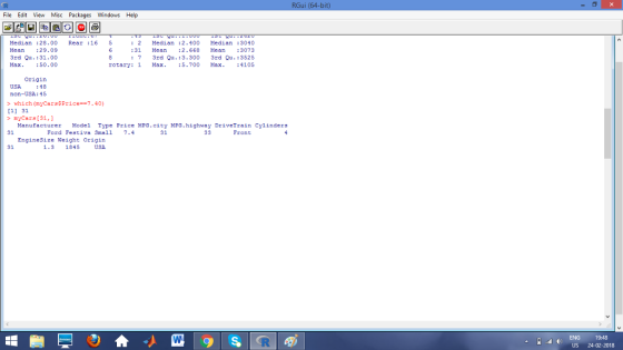 File Edit View Misc Packages Windows Help Median :28.00 Rear 16 5 Mcan29.09 3rd Qu.:31.00 Max : 2 Median :2.400 Median :3040
