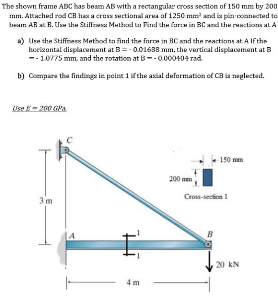 The shown frame ABC has beam AB with a rectangular cross section of 150 mm by 200 mm. Attached rod CB has a cross sectional area of 1250 mm2 and is pin-connected to beam AB at B. Use the Stiffness Method to Find the force in BC and the reactions at A a) Use the Stiffness Method to find the force in BC and the reactions at A If the horizontal displacement at B0.01688 mm, the vertical displacement at B =-1.0775 mm, and the rotation at B-一0.000404 rad. b) Compare the findings in point 1 if the axial deformation of CB is neglected. Use E 200 GPa 150 mm 200 mm Cross-section 1 3 m 20 kN 4 m