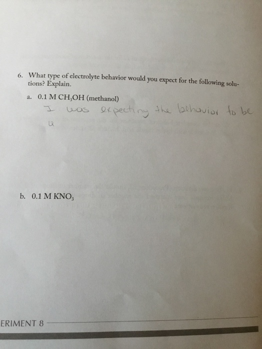 6. What type of electrolyte behavior would you expect for the following solu- tions? Explain. a. 0.1 M CH,OH (methanol) I was