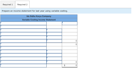 Required 1 Required 2 Prepare an income statement for last year using variable costing. Ida Sidha Karya Company Variable Cost