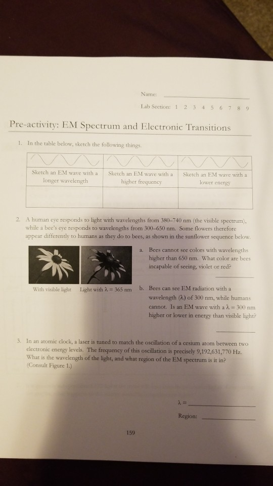 Name: Lab Section: 1 234567 89 Pre-activity: EM Spectrum and Electronic Transitions 1. In the table below, sketch the followi