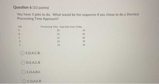 Question 6 (10 points) You have 5 jobs to do. What would be the sequence if you chose to do a Shortest Processing Time Approa