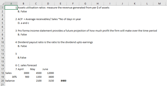 ļAssets uti lisation ratios measure the revenue generated from per $ of assets B. False 4 2 ACP Average receivables/ Sales *No of days in year D. a and c 3 Pro forma income statement provides a future projection of how much profit the firm will make over the time period B. False 4 Dividend payout ratio is the ratio to the dividend upto earnings B. False 12 13 B.False 6 C. sales forecast 7 April 17 18 Sales 19 20 balance 21 May June 4500 1350 2100 12000 3600 3150 30% 900