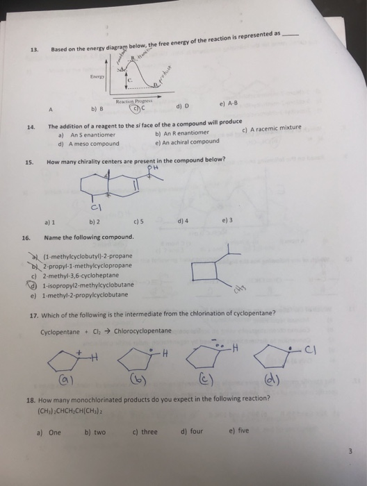 Based on the energy diagram below, the free energY of the reaction is represented as 13. de Energy C. Reaction Progness e) A-