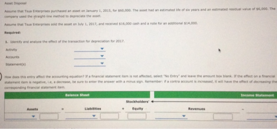 Asset Disposal Assume that Tsua Enterprises purchased an asset on January 1, 2015, for $60,000. The asset had an estimated li