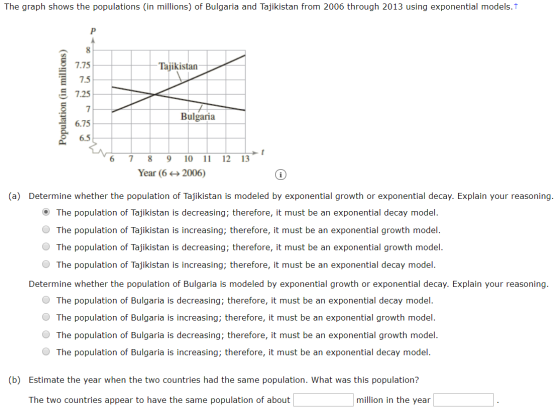 The graph shows the populations (in millions) of Bulgaria and Tajikistan from 2006 through 2013 using exponential models. Taj