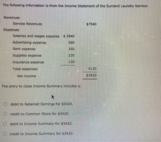 The following information is from the Income Statement of the Sunland Laundry Service: $7540 Revenues Service Revenues Expens