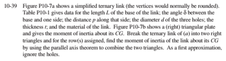 10-39 Figure P10-7a shows a simplified ternary link (the vertices would normally be rounded). Table P10-1 gives data for the