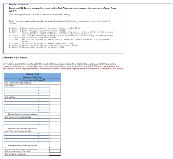 Required Information Problem 4-5A Record transactions, post to the Cash T-account, and prepare the statement of cash flows (L