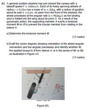 A3. A general aviation airplane has just cleared the runway with a takeoff speed v 100km/h. Each of its freely spinning wheels of radius r 0.25m has a mass of m 20kg, with a radius of gyration about its axle k 0.2m. As seen from the front of the airplane, the wheel precesses at the angular rate ?-90deg/s as the landing strut is folded into the wing about its pivot O. As a result of the gyroscopic action, the supporting member A exerts a torsional moment M on B to prevent the tubular member from rotating in the sleeve A a) Determine the torsional moment M (12 marks) b)Draft the vector diagram showing orientation of the wheel angular the applied torque to B from sleeve A, is in the sense of Mt or M2 (13 marks) momentum and the angular precession and identify whether M, as illustrated in Figure A3. Figure A3.