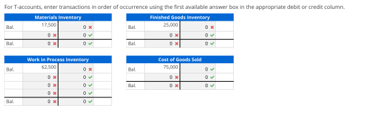 For T-accounts, enter transactions in order of occurrence using the first available answer box in the appropriate debit or cr
