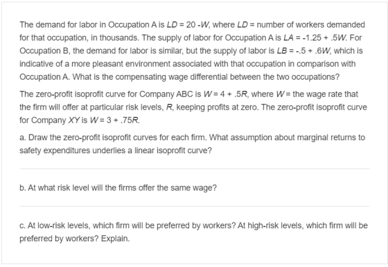 The demand for labor in Occupation A is LD = 20-W, where LD = number of workers demanded for that occupation, in thousands. T