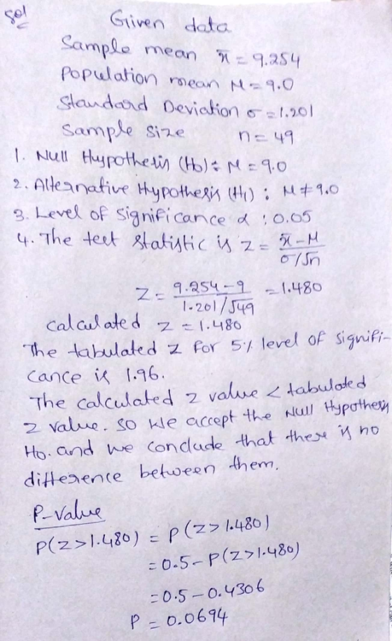 Sol Given data Sample mean n = 9.254 population mean N 9,0 Standard Deviation & 21.201 Sample size n=49 1. Null Hapotheis Hol