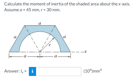 Calculate the moment of inertia of the shaded area about the x-axis. Assume a = 45 mm, r = 30 mm. a- Answer: Ix = (106)mm