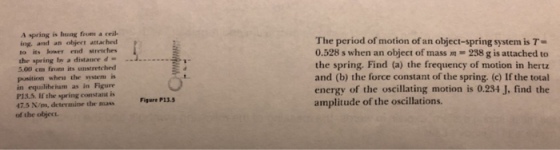 A spring is hing from a ceil ing, and an object attached to its ower end stretches the spring tbr a distauce d . 5.00 cm from its unstretched pusition wheu the system in in equilibrium as in Figure P13.5. If the spring constant is The period of motion of an object-spring system is T= 0.528 s when an object of mass m- 238 g is attached to the spring. Find (a) the frequency of motion in hertz and (b) the force constant of the spring. (c) If the total energy of the oscillating motion is 0.234 J. find the amplitude of the oscillations. determine the mass Figure P13.5 of the object.