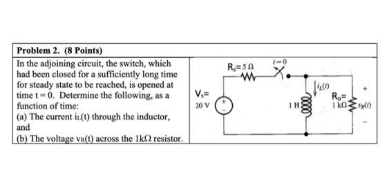 Rs=50 Wh. Problem 2. (8 Points) In the adjoining circuit, the switch, which had been closed for a sufficiently long time for