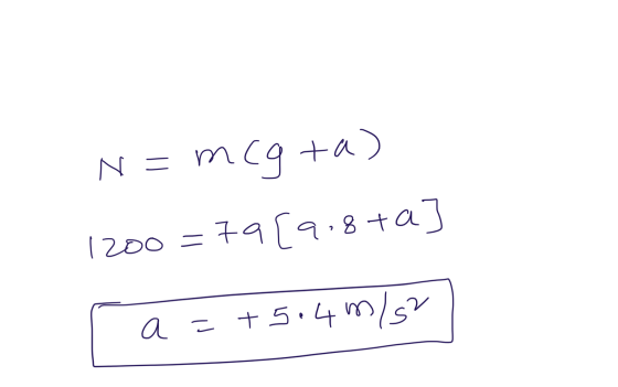 N = mcgta) = 1200 79 [9.8+a] en a = +5.4 m/s2