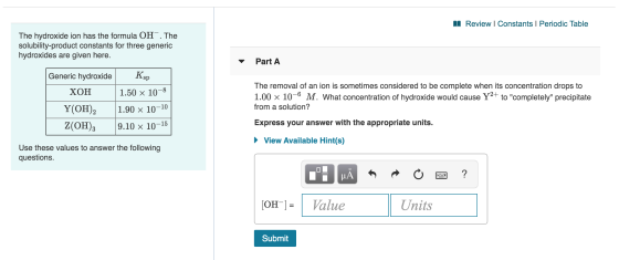 A Review | Constants | Periodic Table The hydroxide ion has the formula OH-. The solubility-product constants for three gener