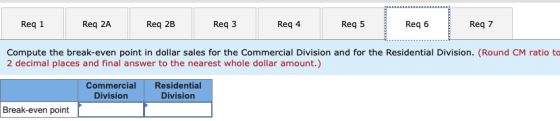 Req 2A Req 3 Req 2B Req 4 Req 6 Req 1 Req 5 Req 7 Compute the break-even point in dollar sales for the Commercial Division an