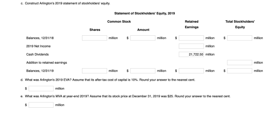 c. Construct Arlingtons 2019 statement of stockholders equity. Statement of Stockholders Equity, 2019 Common Stock Retaine