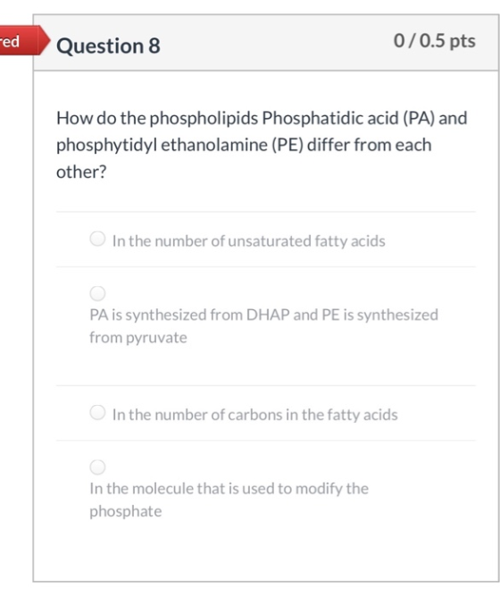 Fed Question 8 0/0.5 pts How do the phospholipids Phosphatidic acid (PA) and phosphytidyl ethanolamine (PE) differ from each