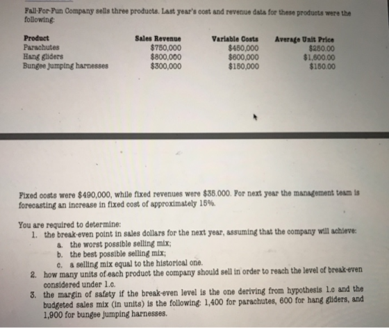 Fall For Pun Company sells three products. Last years cost and revenue data for these products were the following: Product P