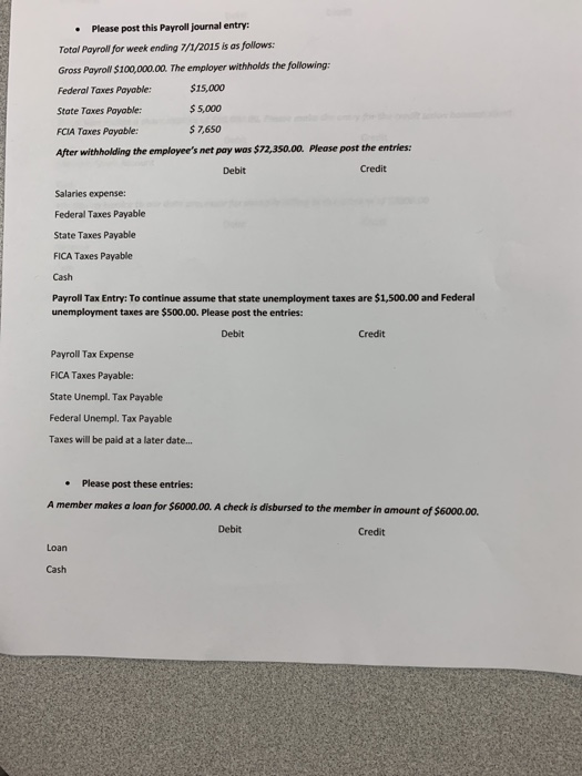 • Please post this Payroll journal entry: Total Payroll for week ending 7/1/2015 is as follows: Gross Payroll $100,000.00. Th