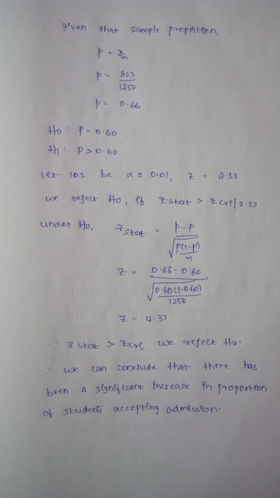 given that sample propohon, pa 823 1250 p = 0.66 Ho : p=0.60 Hi P> 6.60 let los be am Dool, Z = 2.33 we defect Ho, if Zseat>