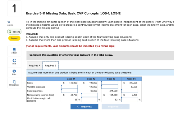 Exercise 5-11 Missing Data; Basic CVP Concepts [LO5-1, LO5-9] points Fill in the missing amounts in each of the eight case si